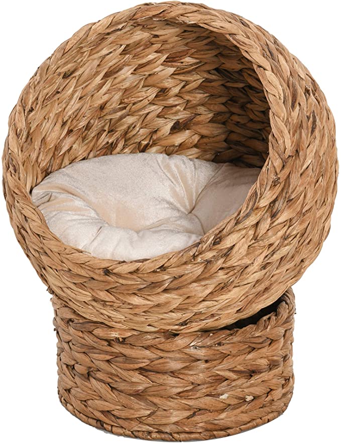 Pawhut Natural Braided Banana Leaf Elevated Cat Bed Basket with Cushion